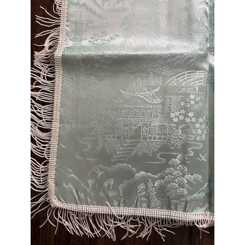 Vtg BROCADED Silky Ice Blue Tablecloth Cover Reversible China Fringe 50x60" MCM